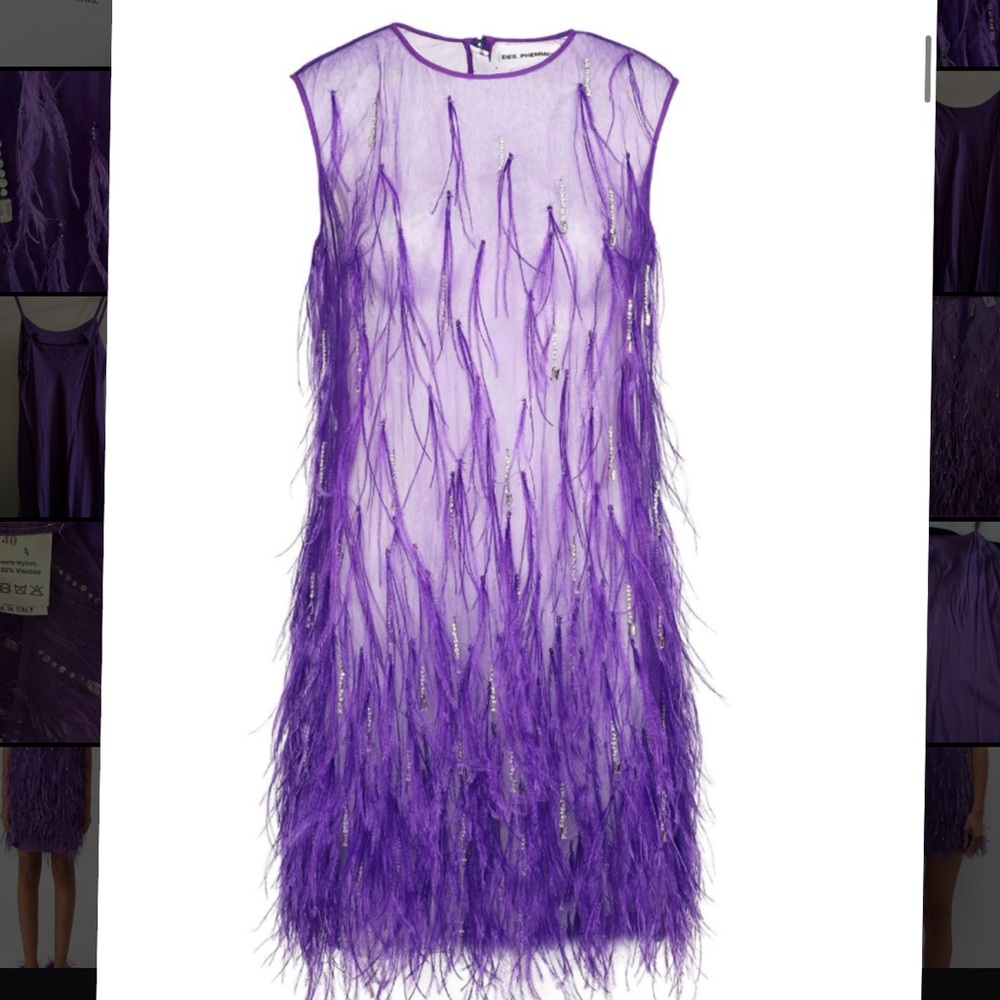 Feather Embellished Elegant Purple Sheer Dress with second piece under dress
